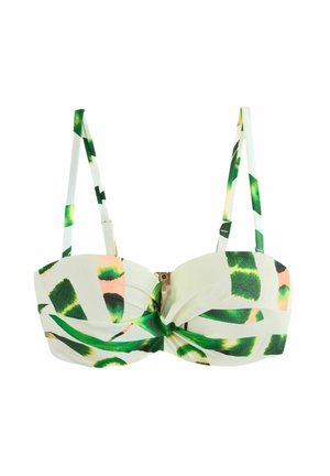 Bikinový top s nastaviteľnými ramienkami a zapínaním vpredu, s abstraktným vzorom v zelenej a broskyňovej farbe na bielom pozadí.