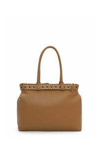 Pruun nahast kandekott tekstuuriga pinnaga, kahe käepideme ja naelutatud kaunistusriba. Avatud ülaosa disain, avar sisu.