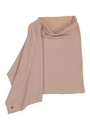 Light brown knitted scarf with a subtle textured pattern, folded loosely with a small round metal tag on one corner.