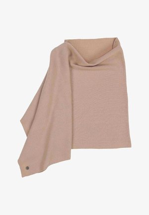 Light brown knitted scarf with a subtle textured pattern, folded loosely with a small round metal tag on one corner.
