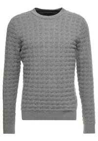 Maglione grigio a maglia con un motivo a onda texture, collo rotondo e maniche lunghe con polsini e orlo a coste.