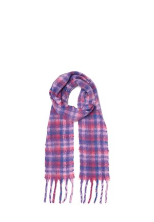 Bufanda de cuadros con fringes en tonos de púrpura, rosa y azul. Hecha de un material suave y texturizado, adecuado para el clima frío.