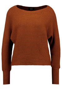 Brauner gerippter Strickpullover mit oversized Design, weitem Halsausschnitt und langen Ärmeln. Strukturiertes Muster über die gesamte Fläche.