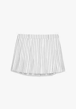 Balta plisuota sijonas su vertikaliomis juodomis juostelėmis, platu liemeniu ir platėjančiu dizainu. Pagamintas iš lengvos medžiagos su lygiu paviršiumi.