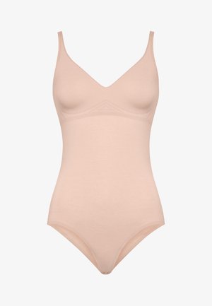 Body rosa realizzato in un materiale morbido e liscio; presenta una scollatura a V, spalline regolabili e un design senza cuciture con una leggera texturizzazione.