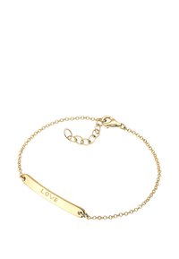 Goldarmband mit einer flachen Leiste, auf der das Wort "LIEBE" eingraviert ist, verbunden durch eine filigrane Kette und versehen mit einem Karabinerverschluss und einer Verlängerung.