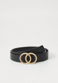 Zwarte leren riem met een dubbele ronde gesp van gedraaid metaal in gouden tint. Glad oppervlak, plat ontwerp en verstelbare lengte.