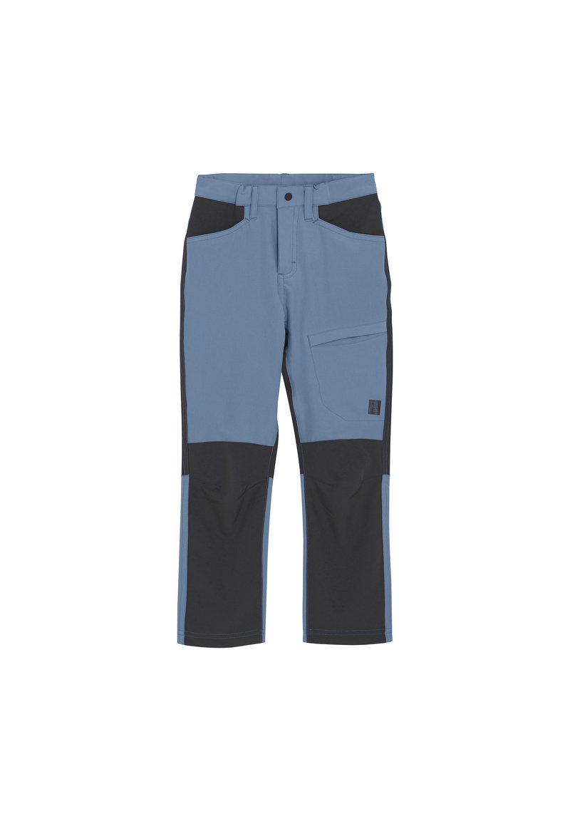 Blå och svarta arbetsbyxor med rak skärning, utrustade med sidofickor, kontrasterande paneler och förstärkt sömnad för hållbarhet.