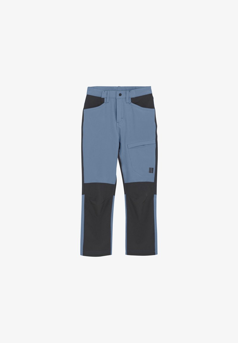 Blå och svarta arbetsbyxor med rak skärning, utrustade med sidofickor, kontrasterande paneler och förstärkt sömnad för hållbarhet.