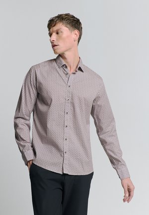Hemd in Hellrosa mit geometrischem Muster, langen Ärmeln und klassischem Kragen. Verfügt über dunkle Knöpfe und eine weiche Stoffqualität.