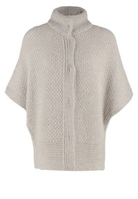 Poncho en maille gris clair avec un col montant, des côtés ouverts, un motif texturé et des finitions côtelées. Design décontracté avec une coupe ample.