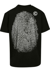 Black t-shirt featuring a large white fingerprint graphic on the back and a small copyright symbol surrounded by a circle on the shoulder.