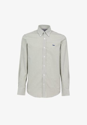 Srajca s gumbom z zelenimi in belimi navpičnimi črtami, dolgimi rokavi, gumbnimi manšetami in majhnim modrim logotipom na prsih.