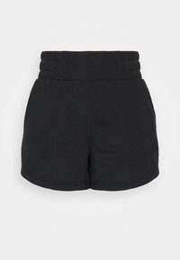Black shorts made of soft material, featuring a high, elastic waistband, side pockets, and rounded hem edges. Simple design without patterns.