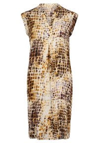 Hihaton mekko kevyestä kankaasta, jossa on ruskea ja kerma värinen abstrakti kuvio. Hieman muotoiltu malli, jossa on piilotettu etunappi.