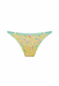 String en dentelle à motif floral jaune avec des accents rose et bleu. Comprend une taille en vert menthe et des détails décoratifs en forme de rose à l'avant.