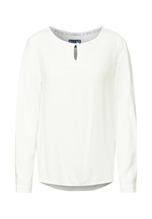 Witte blouse met lange mouwen, ronde hals en sleutelgatopening aan de voorkant. Gemaakt van textiel met een licht losse pasvorm.