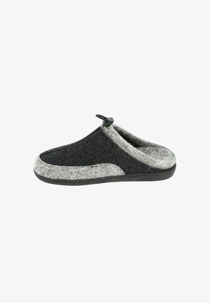 Grijze en zwarte vilt pantoffel met een zachte, afgeronde neus, contrasterende lichtgrijze accenten en een zwarte toggle voor aanpassing. Platte rubberen zool.