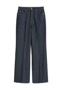 Tummansiniset leveälahkeiset farkut korkealla vyötäröllä, joissa on vetoketju- ja nappisulku sekä edessä ja takana taskut.