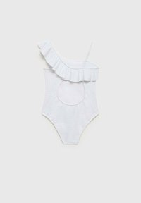 Witte tankini met één schouderband, volants aan de randen en een ronde uitsnede aan de achterkant. Textuurstof.