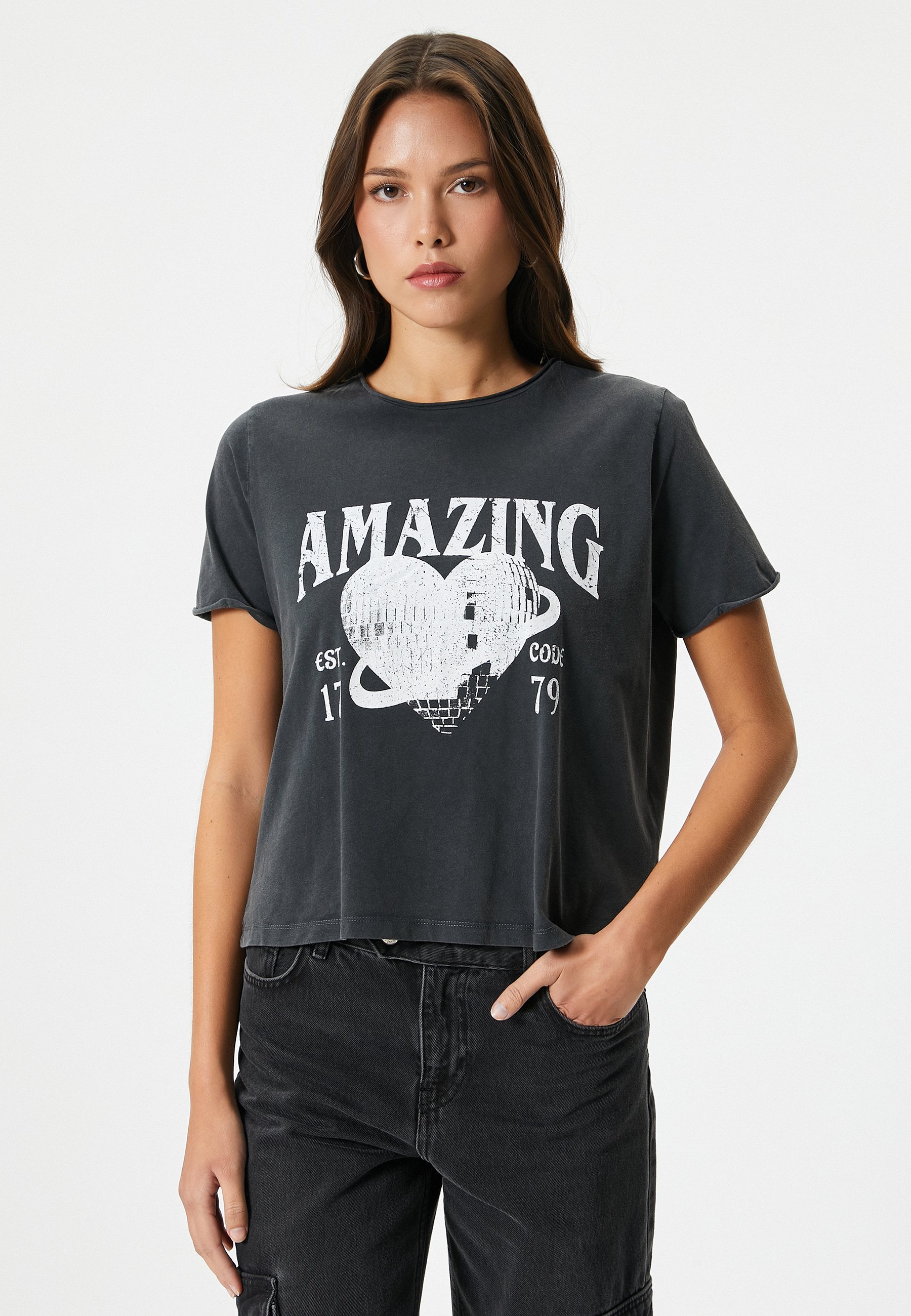 Tshirt Katoenen Shirt Dames Zwart Shirt Met Opdruk Koton SHORT