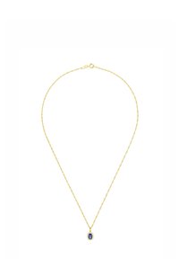 Collana in oro con pendente ovale blu circondato da piccole pietre trasparenti su uno sfondo bianco.