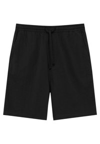 Pantalones cortos negros con cintura elástica y cordón, que cuentan con bolsillos laterales y un diseño de pierna recta, dispuestos sobre un fondo blanco.