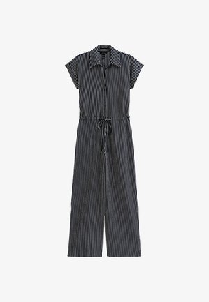 Combinaison à rayures noir et blanc, manches courtes, fermeture à boutons sur le devant, ceinture ajustable à la taille, jambes larges, en tissu léger.