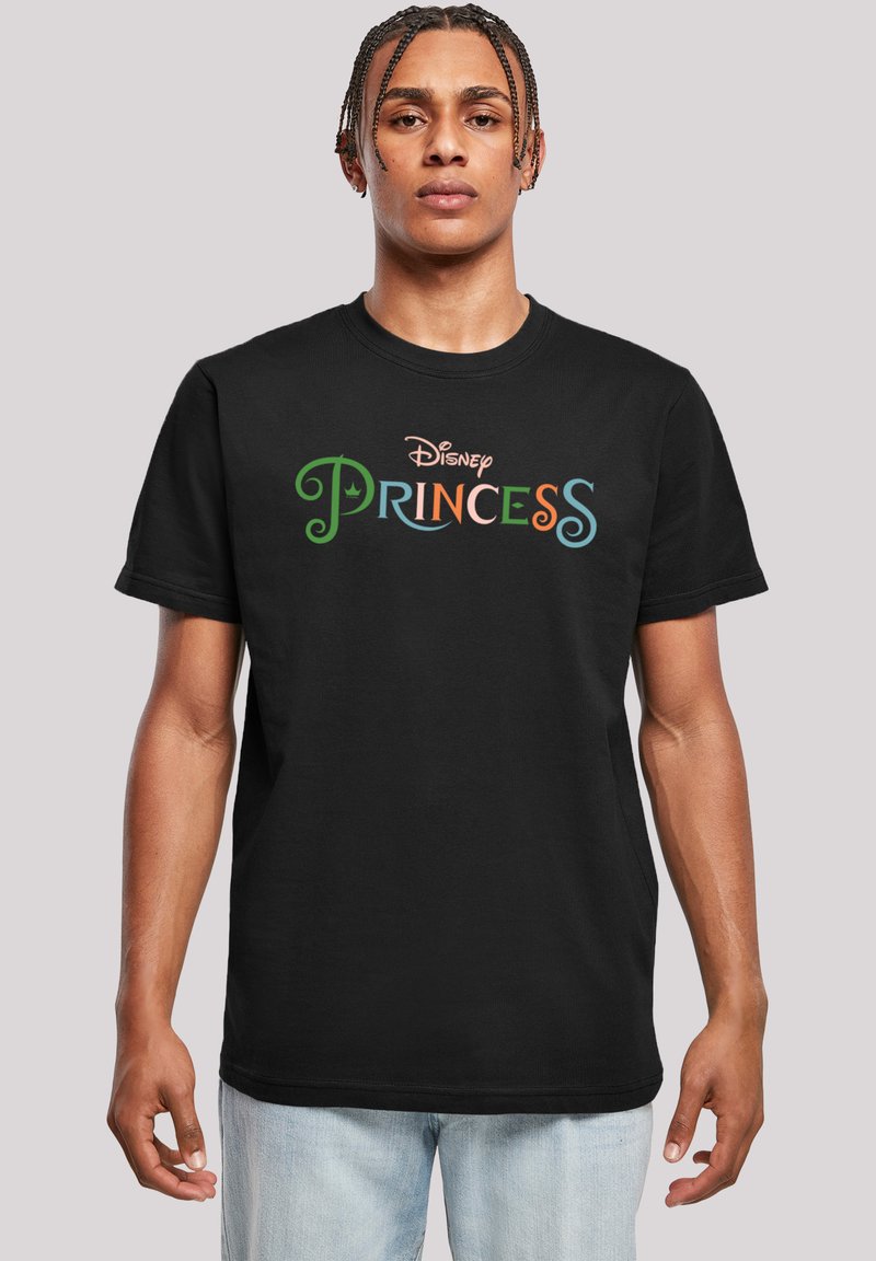 Svart bomull T-skjorte med flerfarget "Disney Princess" grafisk tekst, med varierte skrifttyper og et bladikon over 'i'.