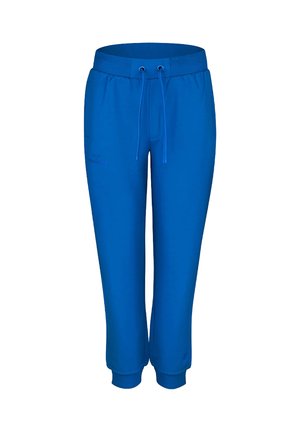 Pantalon de survêtement bleu longueur chevilles avec taille élastique, cordon de serrage, poches latérales et ourlets côtelés.