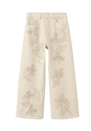 Cremefarbene Jeans mit weitem Bein und bestickten Blumen- und Blattmotiven auf den Vorderbeinen, mit vorderen Taschen und Gürtelschlaufen.