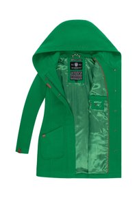 Green waterproof jacket with a hood, featuring a satin inner lining, side pockets, and a tag with brand details. Accented with contrasting trim.