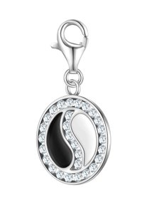 Zilveren hanger met een zwart-wit spiraalontwerp, omringd door heldere kristallen, met een musketonhaak bevestiging.