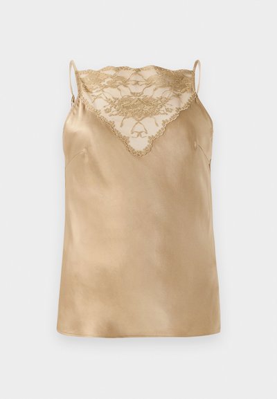 Satin camisole in beige with lace detailing at the neckline, featuring thin adjustable straps and a smooth, glossy texture.