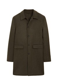 Olivengrøn uldfrakke med krave, seks knapper foran og to sidelommer. Stoffet har en glat tekstur og rene linjer.