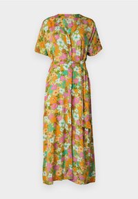 Blomstret maxikjole i orange, grøn og blå. Har korte ærmer, V-hals og et bundet bælte i taljen. Let og struktureret stof.