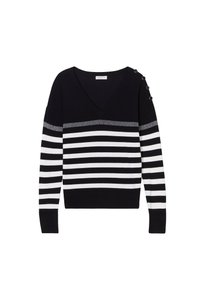 Suéter a rayas blanco y negro con escote en V, que presenta una banda horizontal metálica plateada y botones negros en los hombros.