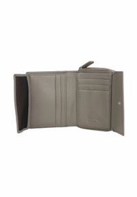 Portafoglio grigio in pelle a tre pieghe con più scomparti per carte, una tasca per monete con zip e una chiusura a pulsante, embossato con "Picard Germany."