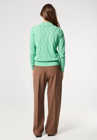 Jersey de punto verde menta con un patrón ondulado, combinado con pantalones de pierna ancha marrones. El jersey cuenta con dobladillos acanalados y se muestra desde la parte trasera.