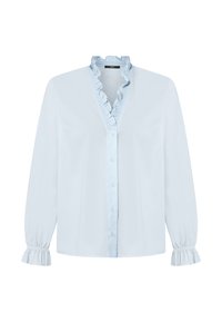 Chemise bleu clair à boutons avec un col et des poignets à volants. Fabriquée en tissu doux, elle présente une coupe classique et des manches longues.