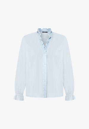 Jasnoniebieska koszula zapinana na guziki z falbaną przy dekolcie i mankietach. Wykonana z miękkiej tkaniny, o klasycznym kroju i długich rękawach.