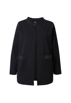 Cardigan nero realizzato in morbido tessuto, con scollo rotondo, chiusura con zip frontale e due tasche anteriori con dettaglio glitterato.