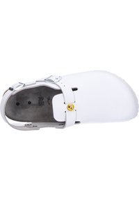 White leather sandal with a flat sole, adjustable strap, silver hardware, and a yellow logo detail on the side. Textured interior.