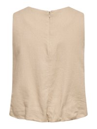 Béžový tílko s kulatým výstřihem a krátkým zipem uprostřed zad, vyrobené z texturované látky.