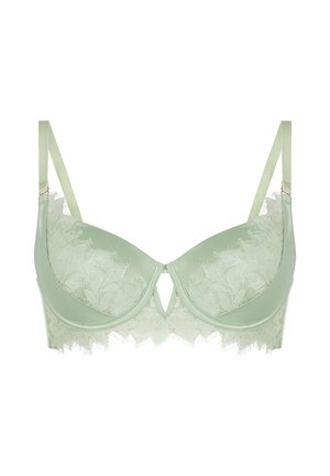 Pale green lace bra with underwire, adjustable straps, floral embroidery, and a small front cutout detail.