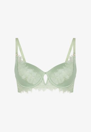 Pale green lace bra with underwire, adjustable straps, floral embroidery, and a small front cutout detail.