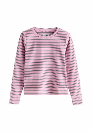 Pikad varrukadega särk, mis on valmistatud pehmest puuvillast, roosade ja mustade horisontaalsete triipudega, ümara kaelusega ja lõdva lõikega.