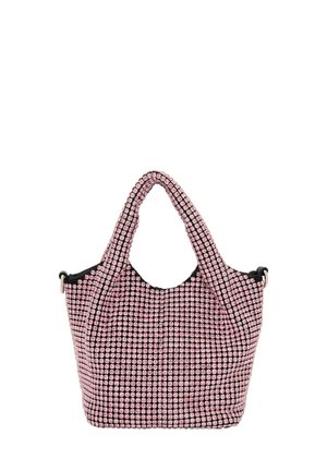 Roze en zwarte handtas van textuurstof, met een raster van rhinestones, dubbele handvatten en een ruime binnenkant.