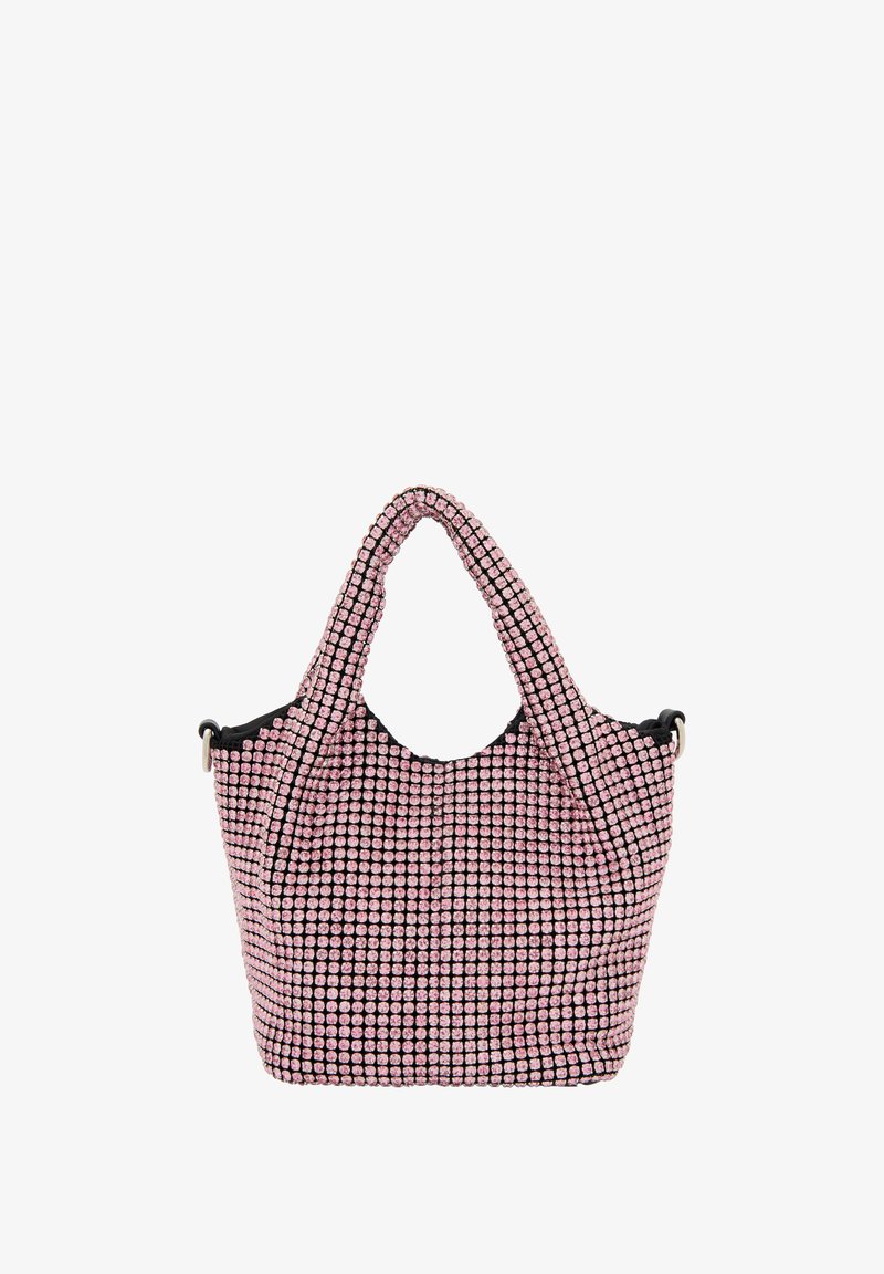 Różowo-czarna torebka wykonana z teksturowanej tkaniny, z siatką kryształków, podwójnymi uchwytami i przestronnym wnętrzem.