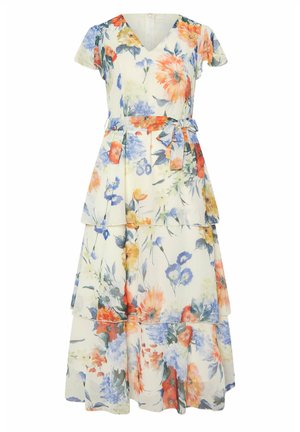 Robe midi à volants fleurie avec manches courtes, décolleté en V et ceinture à la taille, ornée de fleurs orange, bleues et jaunes sur fond blanc.